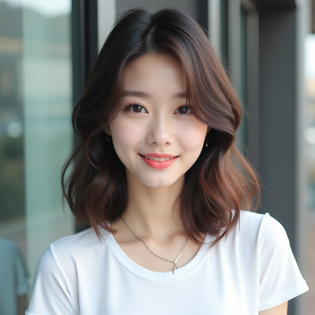 Below collarbone hairstyles、Medium Hairstyles、Constriction Hairstyles、Layer Hairstyles、Diamond Hairstyle、顔まわりLayer Hairstyles、Hair style without bangs、Hair style without top parting、Transparent hair color、Natural Makeup、Korean Idol Style Face、White T-shirt、looking at the camera、Natural light、Luxury building background、Light blush、Adult beautiful、Pale eyebrows