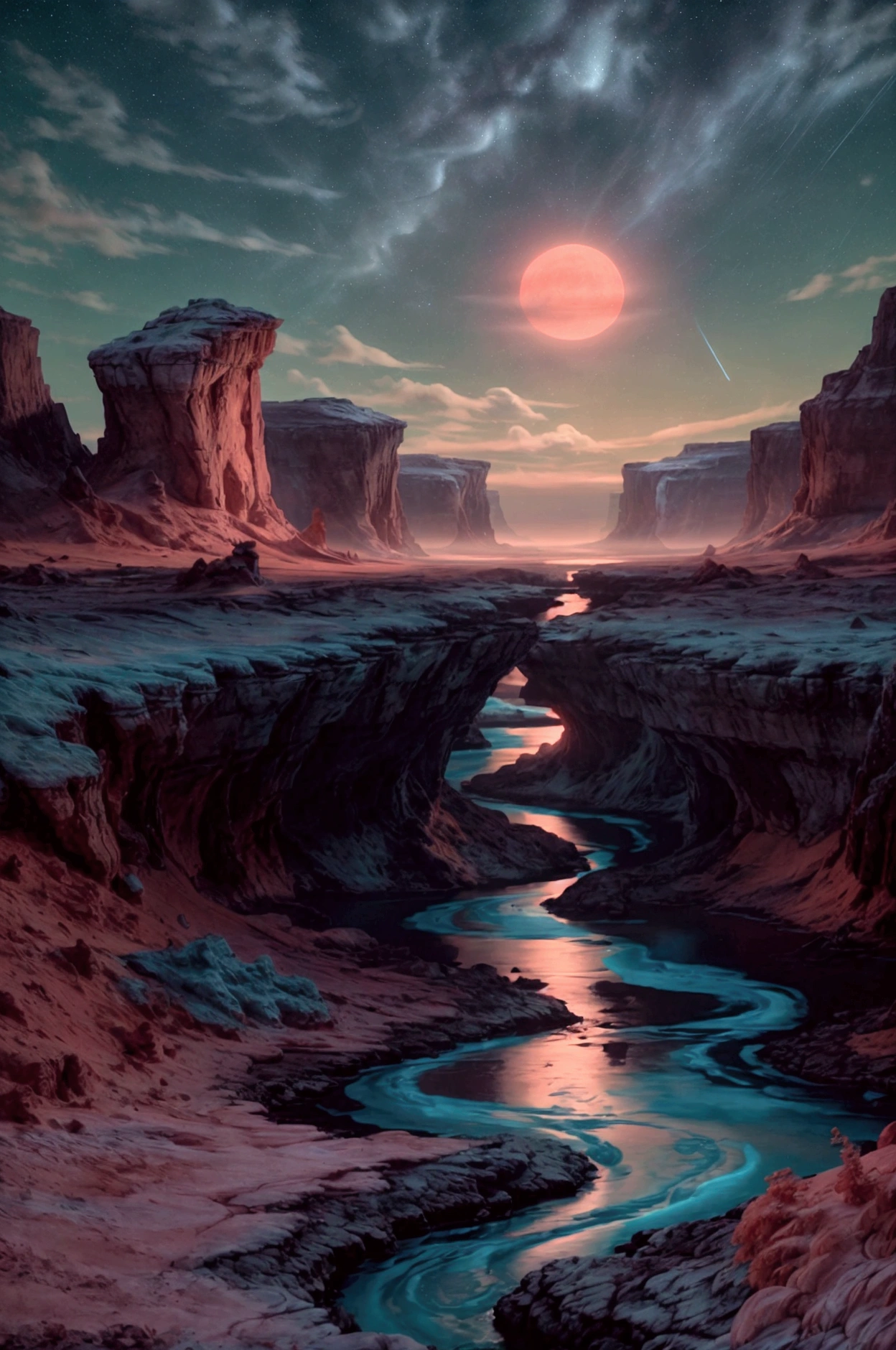 a magical night sky with a teal moon, a beautiful orange stream flowing through the cream colored landscape, detailed red clouds, soft blue lighting, clean background, masterpiece, 8k, photorealistic, cinematic, vivid colors, dramatic lighting, stunning scenery, serene atmosphere, ethereal, fantasy, mystical