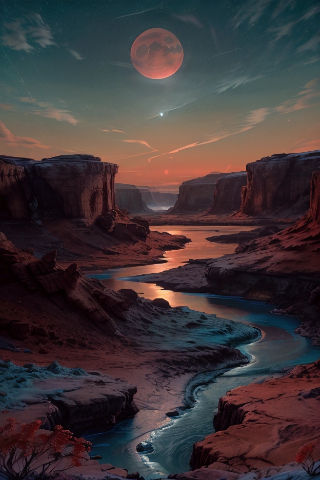 a magical night sky with a teal moon, a beautiful orange stream flowing through the cream colored landscape, detailed red clouds, soft blue lighting, clean background, masterpiece, 8k, photorealistic, cinematic, vivid colors, dramatic lighting, stunning scenery, serene atmosphere, ethereal, fantasy, mystical