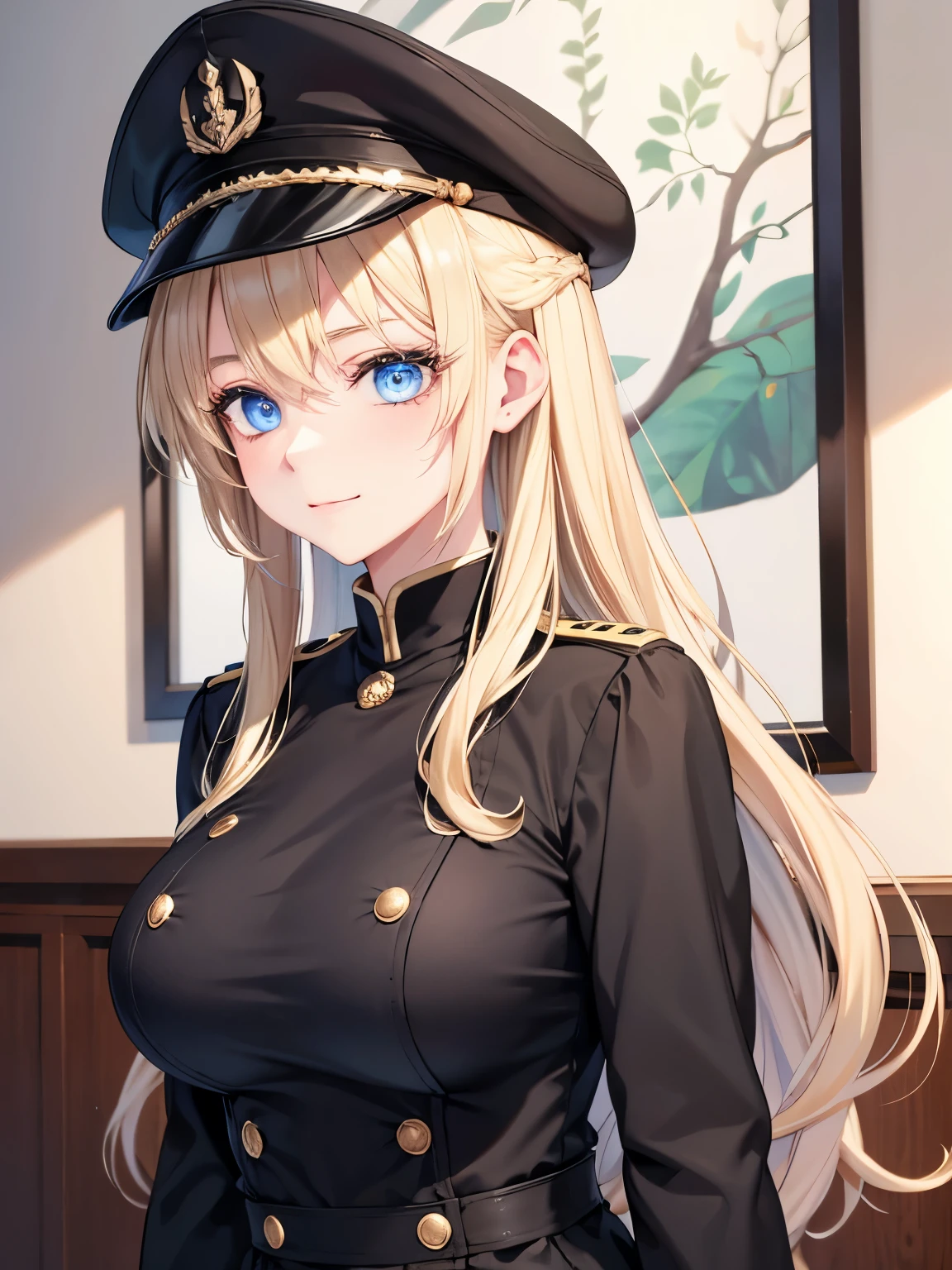 1woman,walking,blue eyes,Beautiful makeup,looking away, long eyelashes,early in the morning,stunning,half body photo, very detailed face,cute,,HD face, perfect face,Black army uniform, black army hat,,very big breasts,Blonde hair,blonde hair,blonde,bangs,long hair, straight hair,ultra detail,ultra Hd, masterpiece,4k