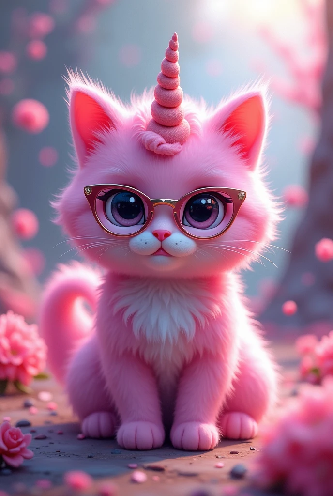 beautiful pink cat with a horn with a unicorn fluffy and black eyes with cool glasses