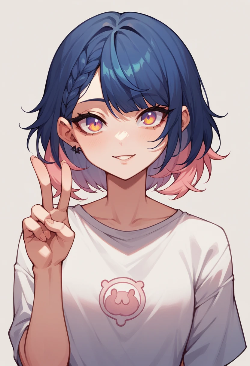 1girl, portrait, abstract, vtuber, looking at viewer, medium hair, white, peace fingers,Anatomically correct body,Split Color Hair,Unique character design,Natural Light,Natural texture,