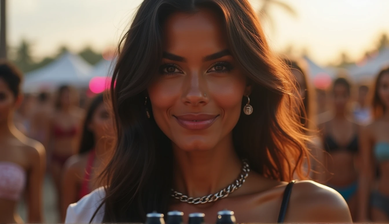 A glamorous Indian Bollywood female DJ stands confidently on the beach, It's Raining. surrounded by flashing neon lights and a live audience, wearing a white top, paired with a pair of high heels and statement silver jewelry, her long, dark brown hair cascading down her back, her bright brown eyes twinkling with confidence, her full lips curved into a subtle smile, her smooth, golden-brown skin glowing with a subtle sheen, as she expertly spins a vinyl record on a sleek, silver DJ console, the turntables and mixer gleaming in the spotlight, the overall atmosphere electric and vibrant, with a dash of Bollywood flair.
