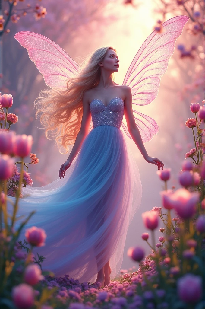 Generate an image with botanical  fairy magical details,Twilight,atmosphere with beautiful dreamy flowing dress with shades of blue pink and lavander. Flowing long beautiful blonde hair . Shining eyes and beautiful pink sky and mesmerizing flowers tulips orchids yellow green orange. Of 1600×2400 pixel of 4MP 