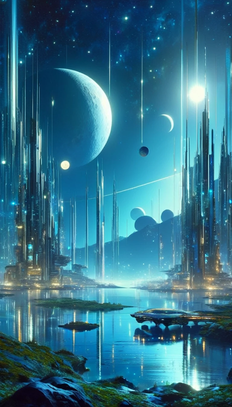 futuristic world, calm, night, moons, stars, art inspired by Wadim Kashin