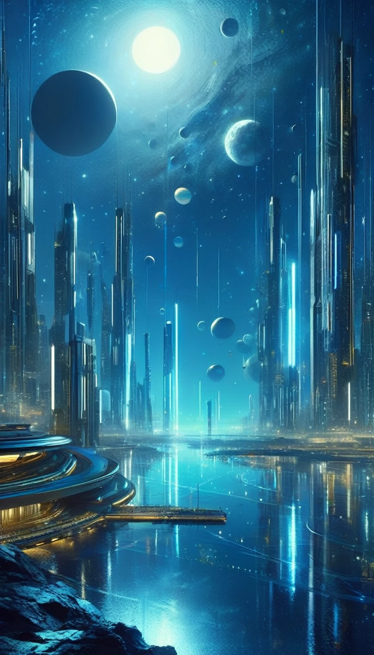 futuristic world, calm, night, moons, stars, art inspired by Wadim Kashin