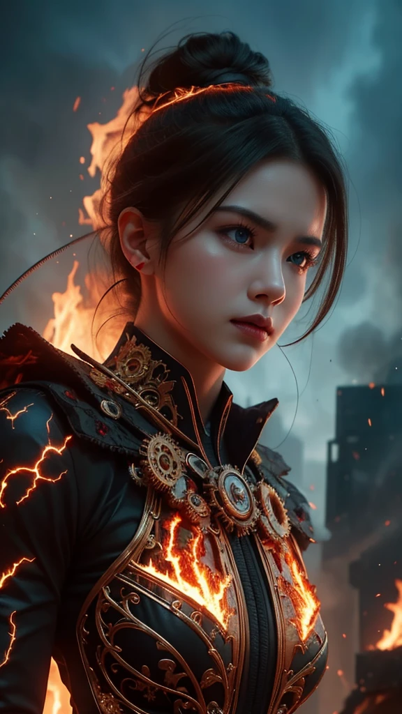 A woman's face, half-human and half-machine, adorned with intricate gears and wires, her eyes glowing with a fiery intensity. She hovers above a bustling city, her body engulfed in flames, a symbol of power and destruction.