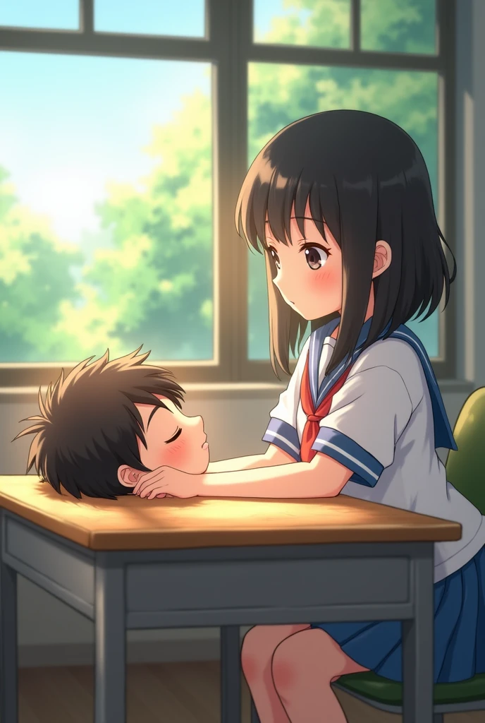 A cute girl sitting on the school desk and seeing a boy sleeping on the school desk near the window , anime style