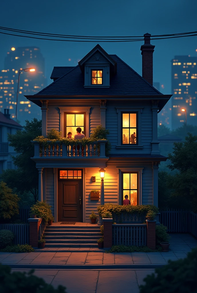 A 2 Floors House with balcony, Night Time, in city
