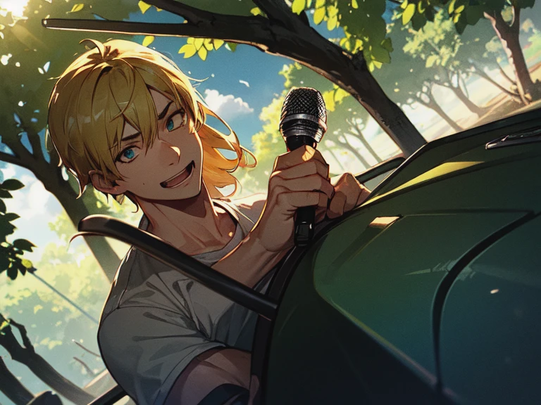 Steve Irwin riding a dragon, Australian, 1 boy, male focus, blonde hair, I look at the viewer, Ideal Anatomy,perfect hands, summer noon, sunlight, Target-shading, holding, holding a microphone speaking to a crowd, detailed face, detailed eyes,Crazy eyes, Cat's ears, definite, halo, shiny hair, Ray tracing, high detail, 16 thousand., textured leather, super detail, uhd, retina, Anatomically correct, award-winning