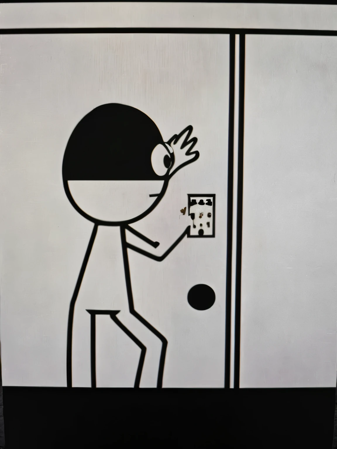 Charlie puth wearing a black mask, bending over a door to enter a code, looking around, realistic cartoonishly exaggerated characters, child size, adult looks