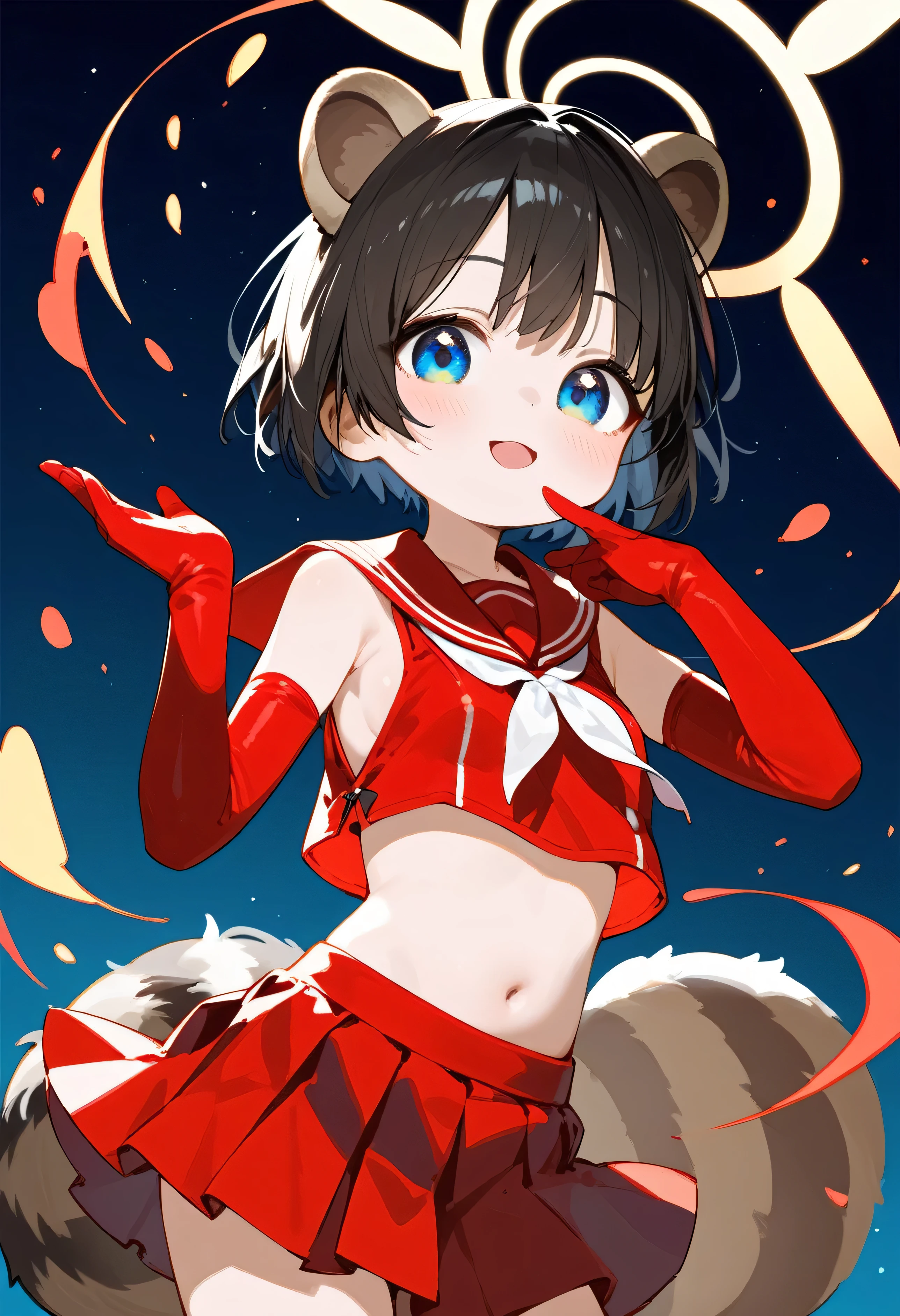 a bit_girl,a bit_body,change_camellia, blue eyes, Black Hair, short hair, Raccoon Ears, Hello, Red Seraphim, Crop top, No sleeve, Side bust, abdomen, Red Skirt, Pleated skirt, geta, Red gloves, Elbow hand pockets, cute