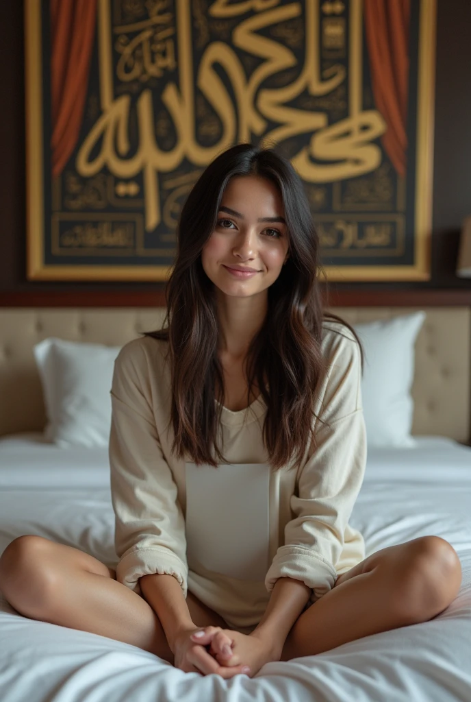 Une femme brune. Les cheveux raides, pas longs, de couleurs noirs. De forme physique normale avec quelques kilogrammes. Assise dans une grande chambre d'hôtel, sur un lit de l'hôtel, souriante, la tête droite, le regard droit fixé vers l'avant, portant dans ses mains une photo grande ou moyenne qu'elle montre bien vers l'avant de sorte que la photo qu'elle montre soit un peu décollée de sa poitrine et derrière elle, accroché sur le mur, un tableau avec des écritures en arabe bien lisible. 