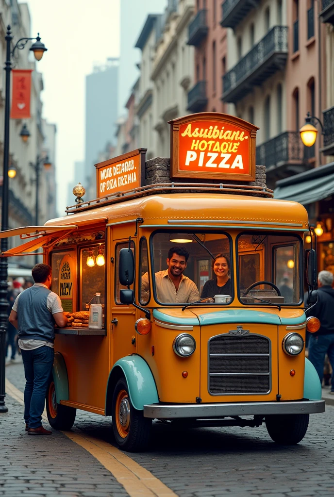 Food truck selling pizza, vintage food truck with pizza oven, popular pizza food truck, pizza food truck on city street, food vendor selling freshly baked pizza, mobile pizza kitchen, vintage pizza food cart, food truck serving delicious wood fired pizza, food vendor serving hot pizza, food truck with pizza sign, busy but happy owner chef and his hard working wife, signboard with menu, pizza food cart in busy city square