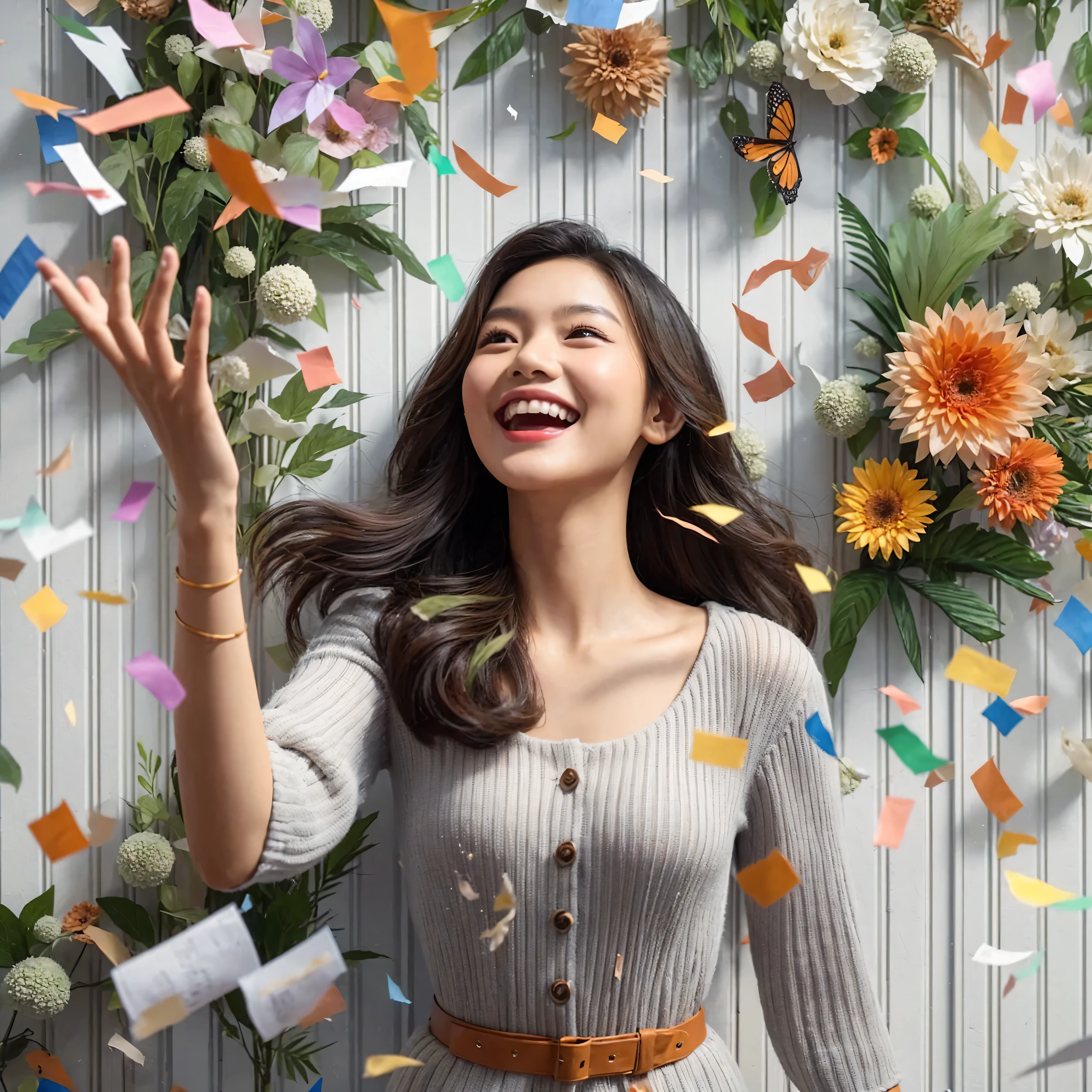 realistic photo of A young indonesian \woman stands with a joyful expression, throwing colorful pieces of paper into the air. The background features a white wall adorned with green plants and flowers. The title at the bottom reads "CITRA LESTARI."