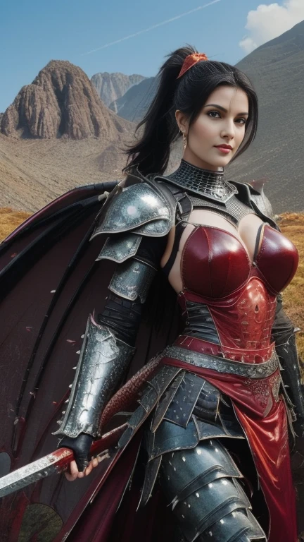 (masterpiece, top quality, best quality, official art, beautiful and aesthetic:1.2), (1girl:1.3), ((Sharp facial features, sharp features, hawkish features)), ((pale skin, orange eyes, big hair, long black hair, ponytail)), extremely detailed, portrait, looking at viewer, solo, (full body:0.6), detailed background, full-body shot, (hot desert mountain theme:1.1), chaos warrior, (spiky helmet), charlatan, smirk, mysterious, swaying in mountains, armor, red metal, brass trim, long boots, blood red fabric, pelvic curtain, loincloth, black leather, ((((dragon wings, spear, heavy armor, blood, blood splatter, armored, gigantic breasts, long legs, pelvic curtain, toned, muscular)))), cute belly button, toned tummy, slim waist, slim hips, long legs, medieval (mountain exterior:1.1) background, dark mysterious lighting, shadows, magical atmosphere, dutch angle