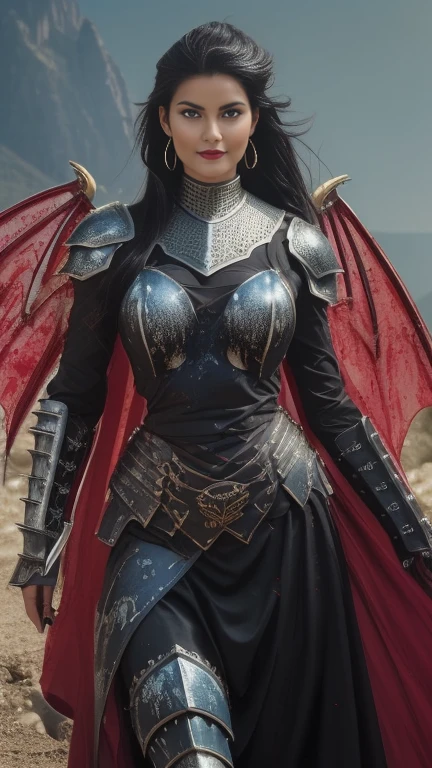 (masterpiece, top quality, best quality, official art, beautiful and aesthetic:1.2), (1girl:1.3), ((Sharp facial features, sharp features, hawkish features)), ((pale skin, orange eyes, big hair, long black hair, ponytail)), extremely detailed, portrait, looking at viewer, solo, (full body:0.6), detailed background, full-body shot, (hot desert mountain theme:1.1), chaos warrior, (spiky helmet), charlatan, smirk, mysterious, swaying in mountains, armor, red metal, brass trim, long boots, blood red fabric, pelvic curtain, loincloth, black leather, ((((dragon wings, spear, heavy armor, blood, blood splatter, armored, gigantic breasts, long legs, pelvic curtain, toned, muscular)))), cute belly button, toned tummy, slim waist, slim hips, long legs, medieval (mountain exterior:1.1) background, dark mysterious lighting, shadows, magical atmosphere, dutch angle