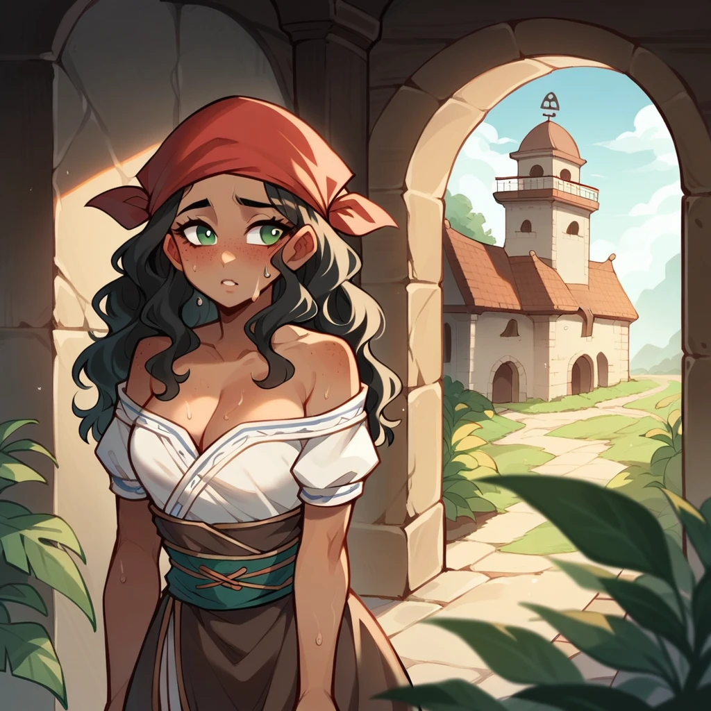 Female, (Dark Tan Skin), black hair, (long wavy hair), green eyes, faint blush and freckles, curious expression, ((pirate inspired outfit)), ((hair wet styled down and wearing bandana), peeking out from behind a wall, ancient cathedral with plants setting.