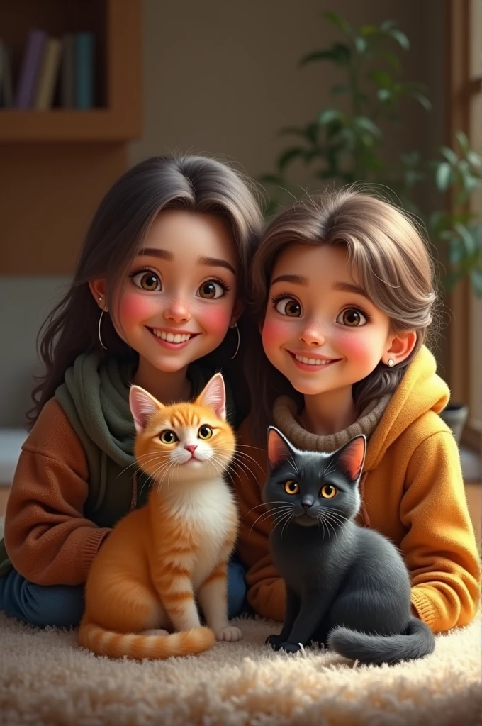 family photo of two adults one and one yellow cat and one black cat