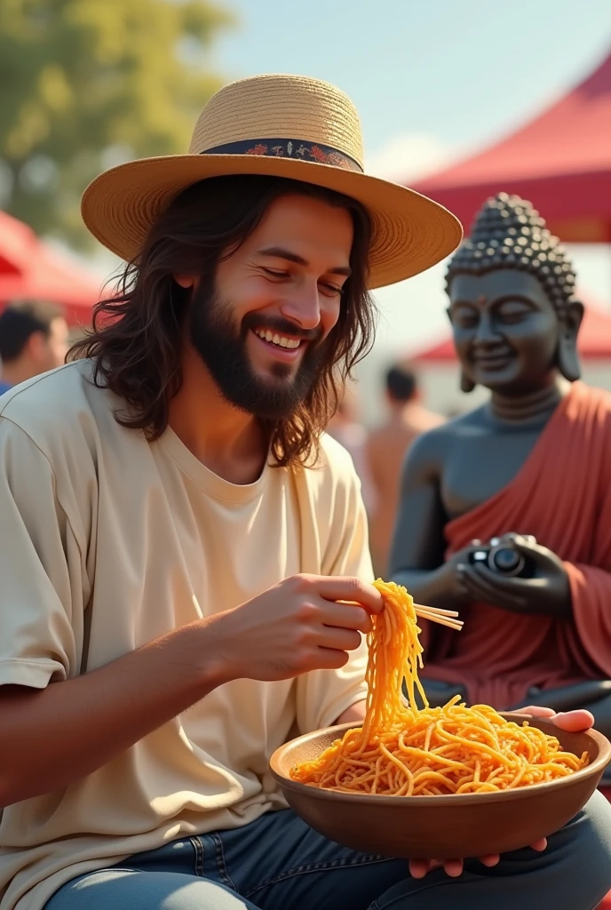 Jesus Christ rejoices after eating fried noodles. He is having fun and laughing. he is shining Jesus of Nazareth is depicted as a gentle, gentle man with shoulder-length hair. His wavy brown hair flows over his shoulders. His face conveys deep wisdom and empathy, radiating warmth and understanding. You can see the stalls in the background. Summer festival. Christ is wearing a white T-shirt, jeans, and a straw hat. Nearby, Buddha is holding a camera to take a picture of Jesus. Photography, close-up, highly detailed, trending at the art station, sharp focus, studio shot, intricate details, Greg Rutkowski,