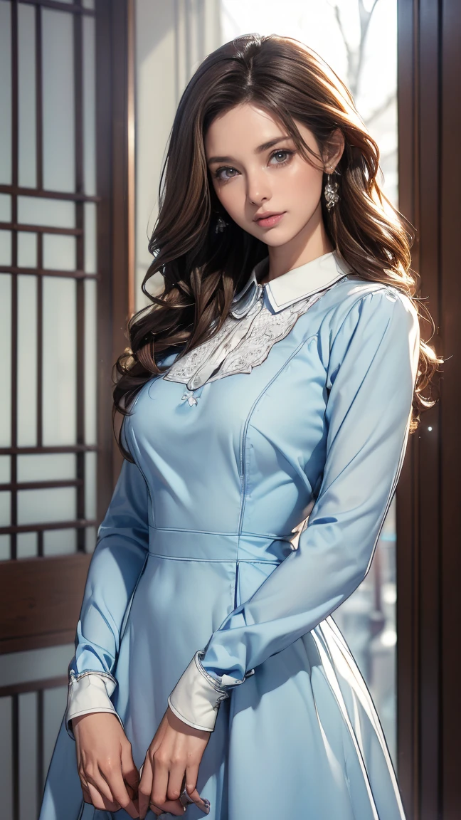 ((Highest quality,4K,High resolution,masterpiece:1.2)),((Character Concept Art)), 1 female, 20-year-old women, ((Shoulder-length brown hair、Hair curled loosely inwards)), (Skin as white as snow), Very detailed eyes (Brown Eye Color), have confidence, beautiful, slim body build, Big Breasts、((Intricate details)), Very finely crafted needles, Very finely crafted fingers(((10 fingers))), ((Mini bottan up blue dress_long sleeves_white collared brouse_white collared cuff:1.3)), (Full-body showcase), (Show whole body),A shy smile、In the hustle and bustle of the city、((Standing with grace、Hands on her west:1.5))