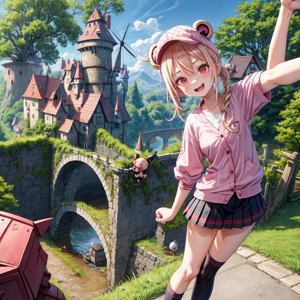 Pink Blonde、Red eyes、Hair tied up、Two cute、Checked mini skirt、black t-shirts、cardigan、Knee-high socks、bear ears baseball cap、Teeth are visible、Monster Castle、Tilting face、crossing the bridge、hazakura、windmill、grass、Stones are growing out of the ground.、impregnable