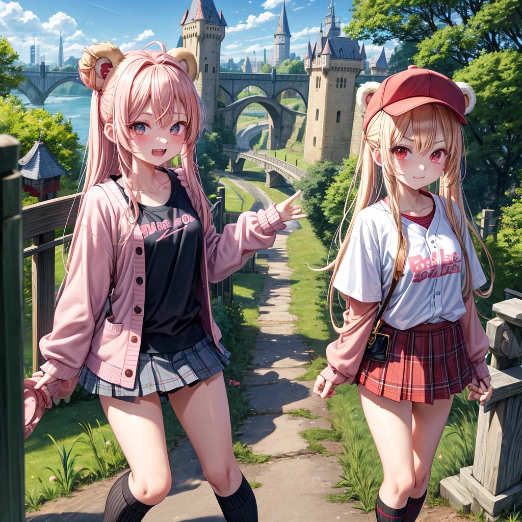 Pink Blonde、Red eyes、Hair tied up、Two cute、Checked mini skirt、black t-shirts、cardigan、Knee-high socks、bear ears baseball cap、Teeth are visible、Monster Castle、Tilting face、crossing the bridge、hazakura、windmill、grass、Stones are growing out of the ground.、impregnable