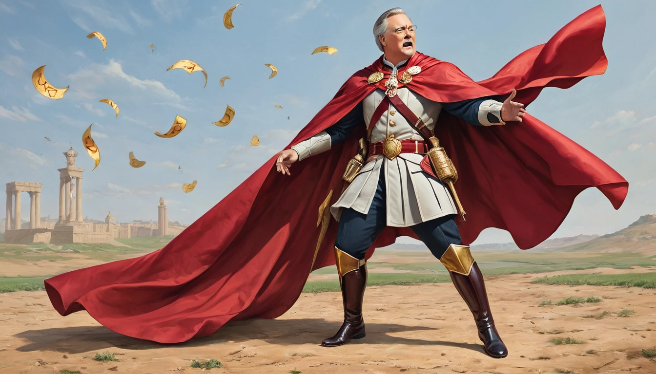 "A grand historical leader with a cape fluttering dramatically, striking a heroic pose on a battlefield with a whimsical twist—surrounded by floating question marks and comical symbols hinting at his quirky secrets."