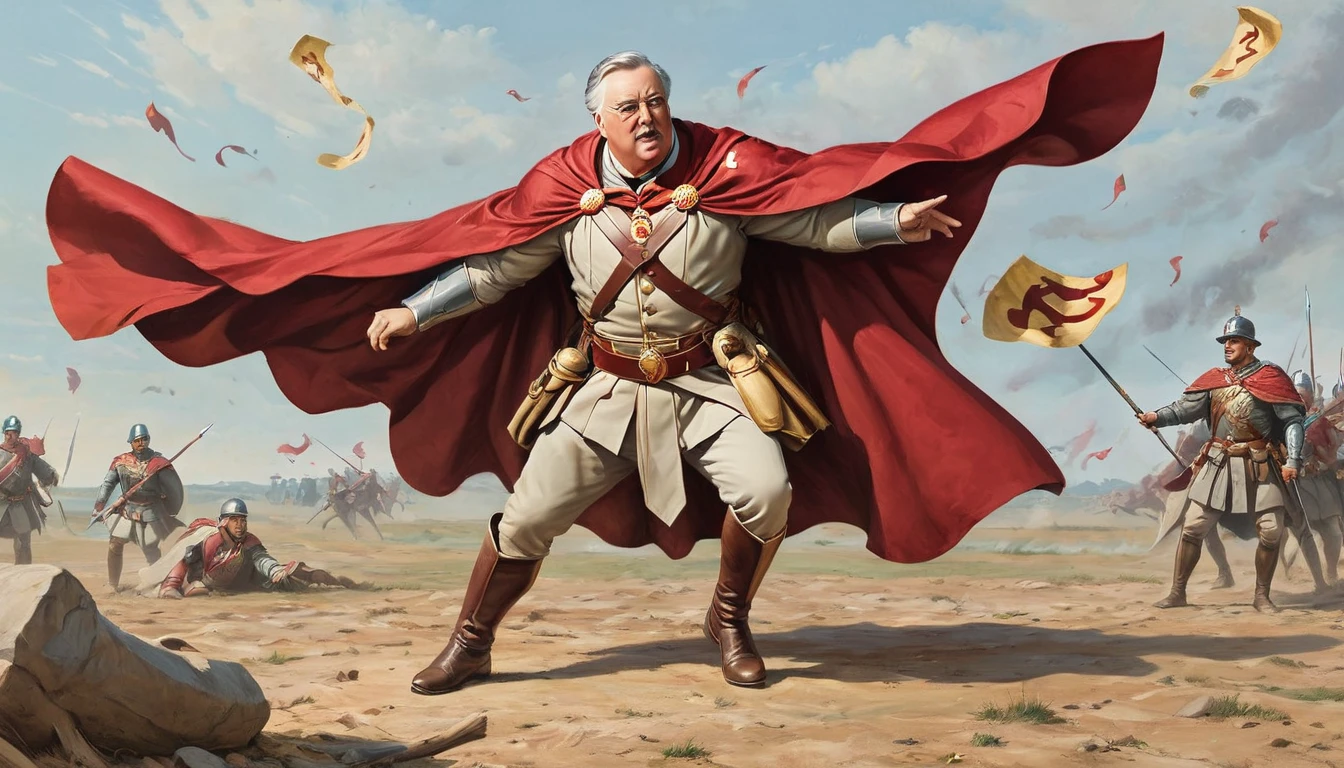 "A grand historical leader with a cape fluttering dramatically, striking a heroic pose on a battlefield with a whimsical twist—surrounded by floating question marks and comical symbols hinting at his quirky secrets."