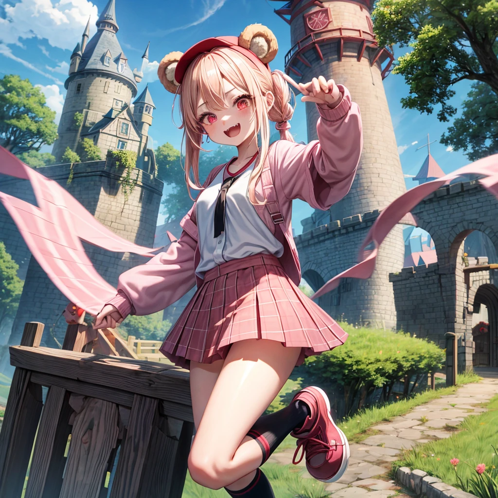 Pink Blonde、Red eyes、Hair tied up、Two cute、Checked mini skirt、black t-shirts、cardigan、Knee-high socks、bear ears baseball cap、Teeth are visible、Monster Castle、Tilting face、crossing the bridge、hazakura、windmill、grass、Stones are growing out of the ground.、impregnable