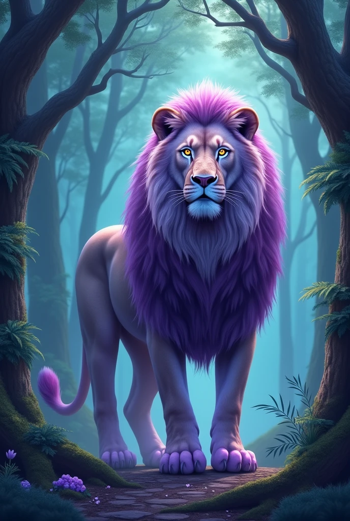 

"A majestic lion with a rich, deep purple mane and fur, standing proudly in a mystical forest bathed in soft, ethereal light. The lion's fur shimmers with subtle hues of violet and lavender, blending harmoniously with the surrounding environment. The background is a dreamlike mix of tall, ancient trees with glowing, bioluminescent leaves in shades of teal and turquoise, creating a surreal and enchanting atmosphere. The lion's eyes are a bright, captivating gold, contrasting beautifully with its purple fur, giving it an aura of regal power and otherworldly beauty."