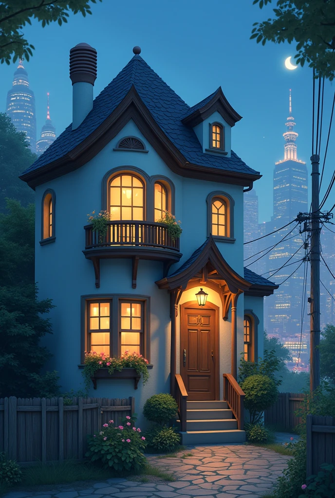 A 2 Floors House with balcony, Night Time, in city, Like Doraemon, Camera Angle little left, Soft Colors