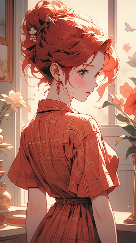 The image depicts an illustration of a person viewed from behind, featuring detailed and red hair tied up in a messy bun. The hair is adorned with small, decorative red hair ties. The person is wearing a plaid-patterned shirt with shades of red and cream. The art style is delicate and whimsical, capturing soft colors and gentle lines to create a warm and charming aesthetic.