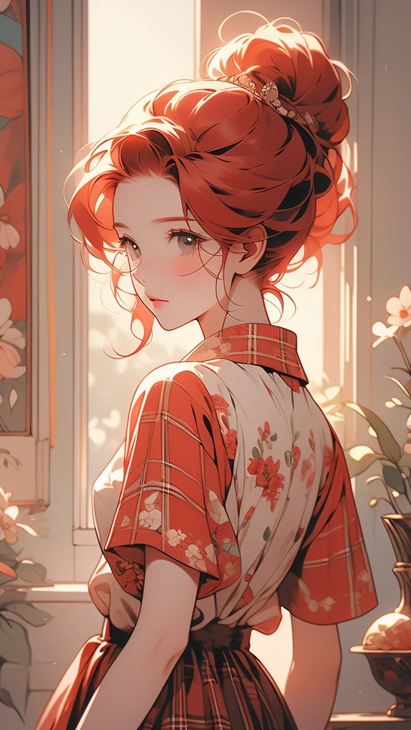 The image depicts an illustration of a person viewed from behind, featuring detailed and red hair tied up in a messy bun. The hair is adorned with small, decorative red hair ties. The person is wearing a plaid-patterned shirt with shades of red and cream. The art style is delicate and whimsical, capturing soft colors and gentle lines to create a warm and charming aesthetic.