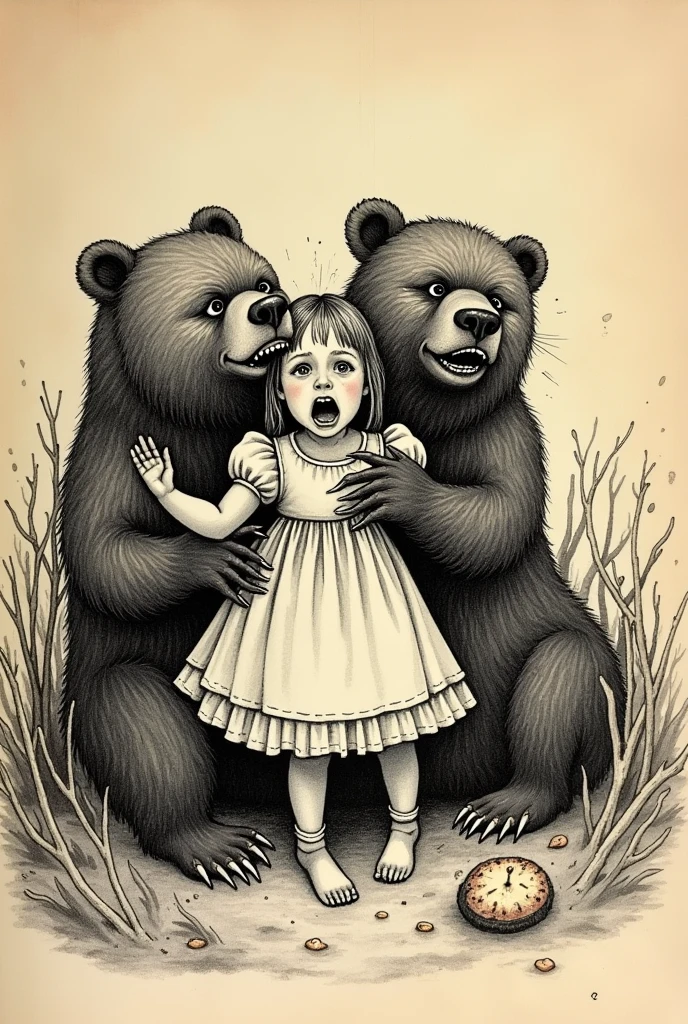old book style ink illustration, on parchment, ink splashes, ink stains, ink smears, faded ink, tiny innocent helpless young goldilocks-girl being raped by bears, kid-like proportions, spitroasted gangbang, couble penetration, creampie, scared shocked expression, screaming, tears, scratchmarks on pale skin, feral humping bears, german fairytale clothes