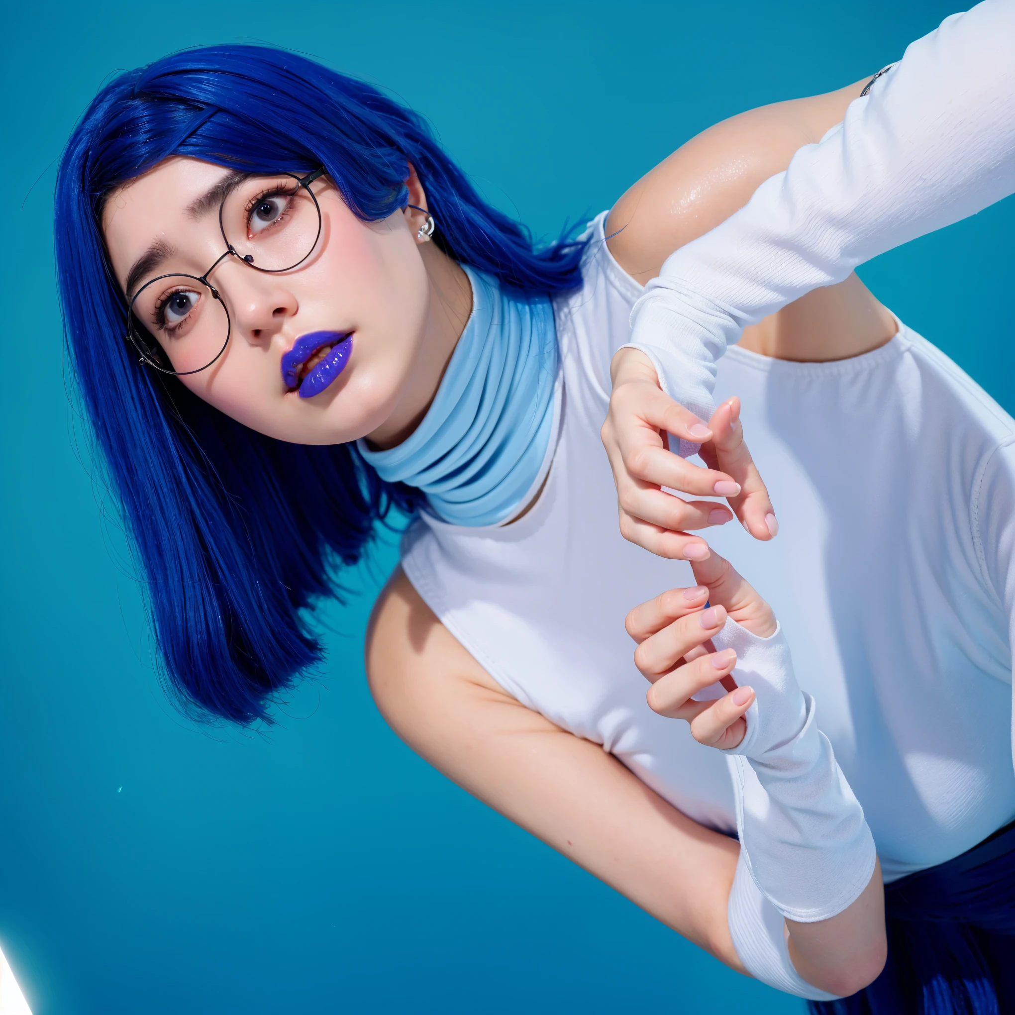 The image shows a character with striking blue hair and matching bold blue lipstick, creating a visually captivating appearance. Her attire consists of a light blue turtleneck sleeveless top and her arms are wrapped in white bandages, adding an element of intrigue or hinting at a narrative element within a larger story. Her blue framed glasses complement her overall look and intensify her thoughtful expression. She seems to be in a mid-action pose, perhaps dancing or in a moment of dramatic expression, given her upward gaze and the dynamic positioning of her arms. The solid blue background amplifies her vivid color palette and emphasizes the thematic consistency of the image. This setup could suggest a scene from a modern or futuristic narrative, highlighting her as a central or intriguing character. The purple background complements the costume, creating a vibrant and engaging scene. (glossy plastic texture with multiple big light probe refractions), perfect cgi, smooth silhouette, high intensity refraction, (super glossy plastic material), most beautiful vfx, , realistic, 4k, high resolution, rim light, smooth 3d model, multiple light sources, rim light, sharp post effects render,, realistic, 4k, high resolution, rim light detailed digital art, reflective, best quality, 4k, masterpiece:1.2, ultra-detailed, realistic, vivid colors, The image of the highest quality, ensuring every detail showcased perfectly. It in 4k resolution, allowing viewers to immerse themselves in the richness of the colors and intricate details. The realistic rendering. under the spotlight, reflecting, high-resolution image, realistic rendering
