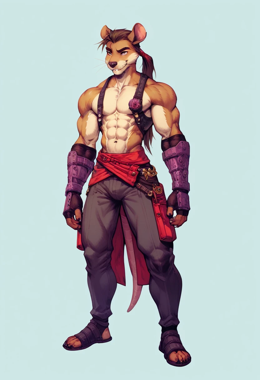 a furry anthropomorphic black/brown rat buff,muscular man wearing a survivalist suit,master splinter,Hamato Yoshi,thick,young,long hair,ponytail,90’s style. He’s androgynous,equipped with some weapons and a sensual ,peaceful expression,full body.The scene has a cool,sweet,sexual,samurai/yakuza style and a vibrant tone.industrial/yokai setting in the background