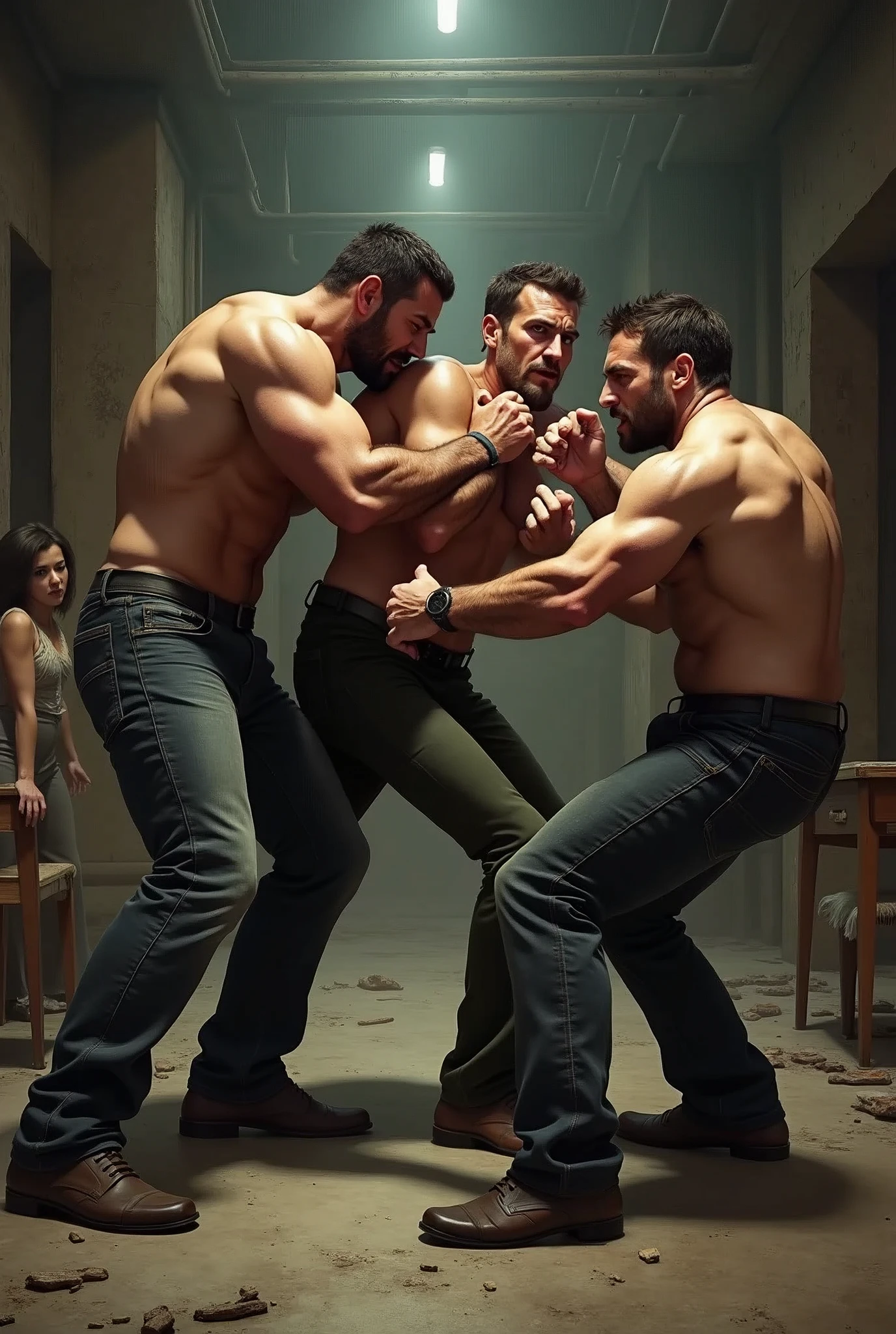 Three men are fighting,A woman is crying behind them