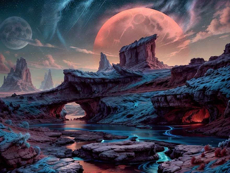 a magical night sky with a teal moon, a beautiful orange stream flowing through the cream colored landscape, detailed red clouds, soft blue lighting, clean background, masterpiece, 8k, photorealistic, cinematic, vivid colors, dramatic lighting, stunning scenery, serene atmosphere, ethereal, fantasy, mystical