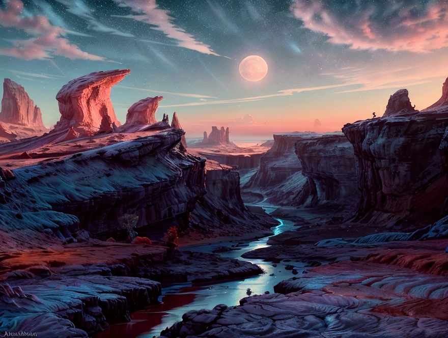 a magical night sky with a teal moon, a beautiful orange stream flowing through the cream colored landscape, detailed red clouds, soft blue lighting, clean background, masterpiece, 8k, photorealistic, cinematic, vivid colors, dramatic lighting, stunning scenery, serene atmosphere, ethereal, fantasy, mystical