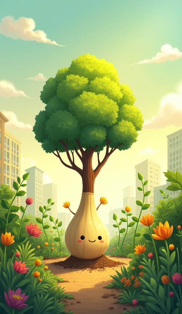 The tiny seed imagining itself as a tall tree while surrounded by other plants.
The Little Seed is a small, round seed nestled in the soil, with a simple but hopeful expression, often shown dreaming or imagining itself as a tall tree.
Plant are of various types, such as flowers, shrubs, or small trees, with expressions that show surprise or doubt when they talk to the Little Seed.
The Background is a the Garden. A bright, colorful garden with lush greenery, flowers, and a warm, sunny sky.