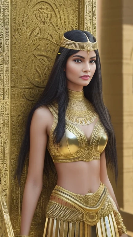 Image of a beautiful, detailed, ultra-realistic scene in which Cleopatra leads the Egyptian army into battle, in an Egyptian chariot. Detailed Egyptian weapons, ambiente de campo de batalha no deserto. Sunlight shines on their ornate Egyptian attire, creating a 4K cinematic atmosphere. Apparently Egyptian features and wavy hair, with clothes and ornaments of an Egyptian queen