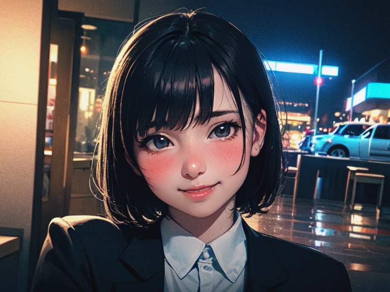 (8 K, Best quality, masterpiece: 1.2), (realistic, Фотоrealistic: 1.37), super detailed, 1 girl, Cute, One, beautiful detailed sky, Detailed cafe, night, sitting, date, ( blush of the nose), (smile: 1.15), (close your mouth) , beautiful details, (collared shirt: 1.1), night, wet, business clothes, rain, White lace, (short hair: 1.2), floating hair NovaFrogStyle,