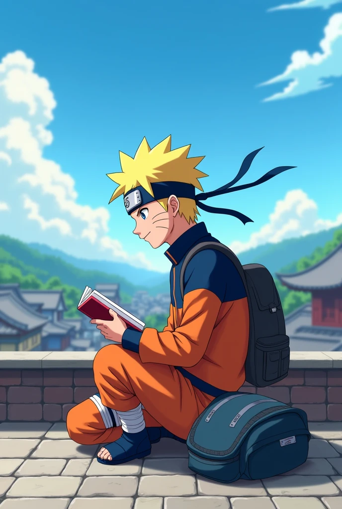 Naruto with a book and backpack sitting on a roof and reading, an Animestyle