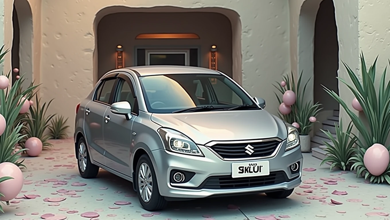 Create an image of a Suzuki baleno sedan, painted in a shiny, metallic orange-red, driving through clouds. The background consists of a dreamy sky with soft pastel colors like light blue, pink, and purple blending together, giving the impression of the car driving in the sky or above clouds.The car itself is detailed with chrome accents, clear headlamps, and its recognizable front grille featuring the Suzuki emblem.