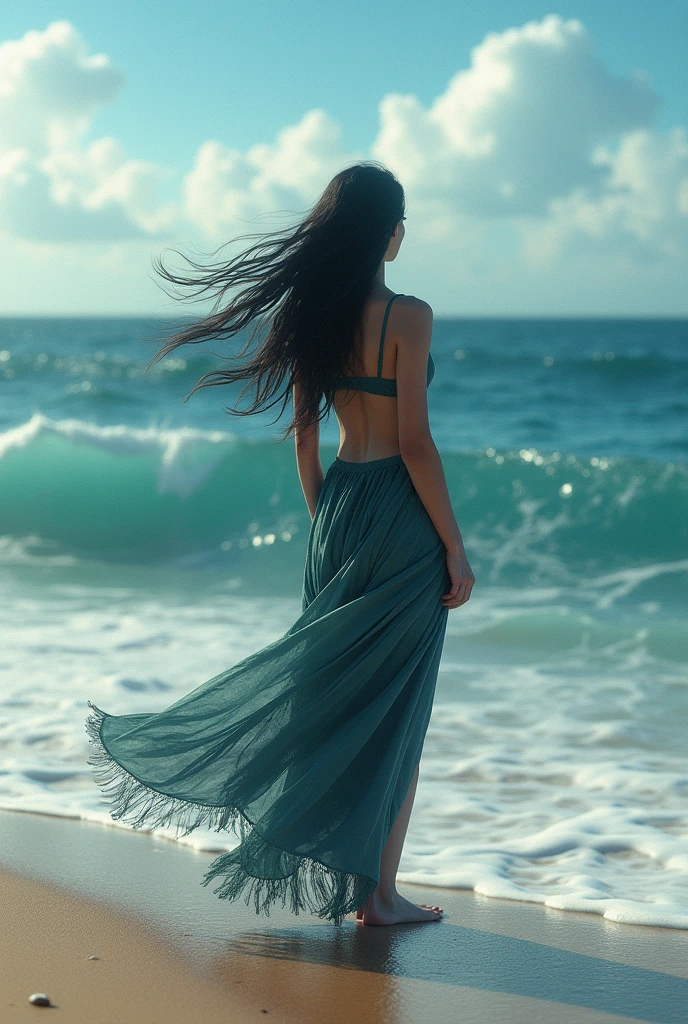 high detail, Clarity, 8 cc, Girl 35 years old, black hair, long haircut, brown eyes, I'm standing on the ocean shore, Realism, Fantasy