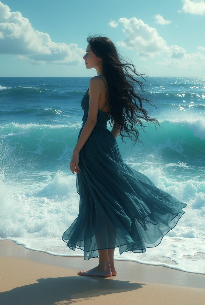 high detail, Clarity, 8 cc, Girl 35 years old, black hair, long haircut, brown eyes, I'm standing on the ocean shore, Realism, Fantasy