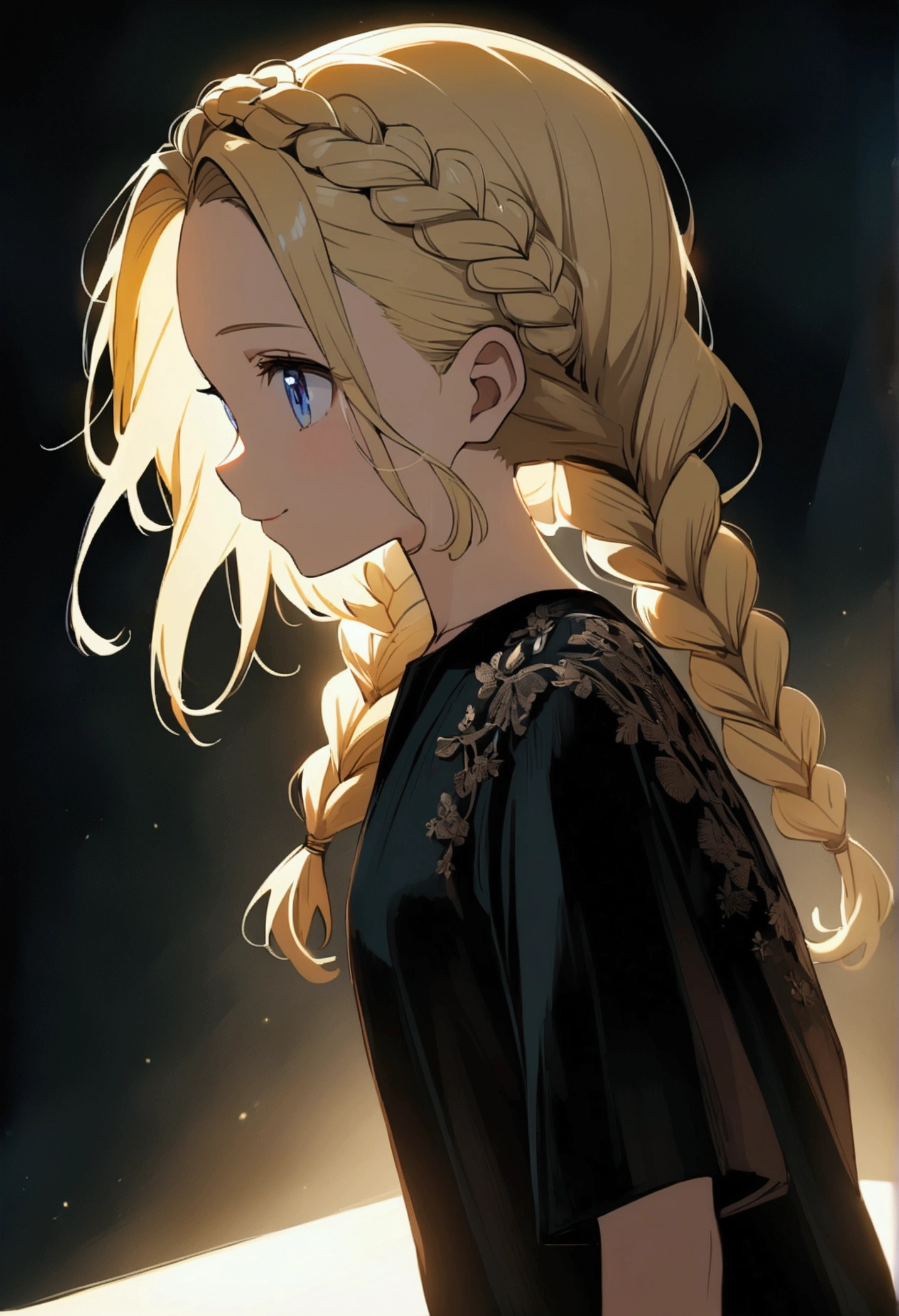 Anime girl, 8 years old (shoulder-length blond hair, beautiful braided hairstyle, beautiful hairstyle, braided pigtails, clear forehead, blue eyes), wears a black T-shirt and short jeans smile,. Profile picture