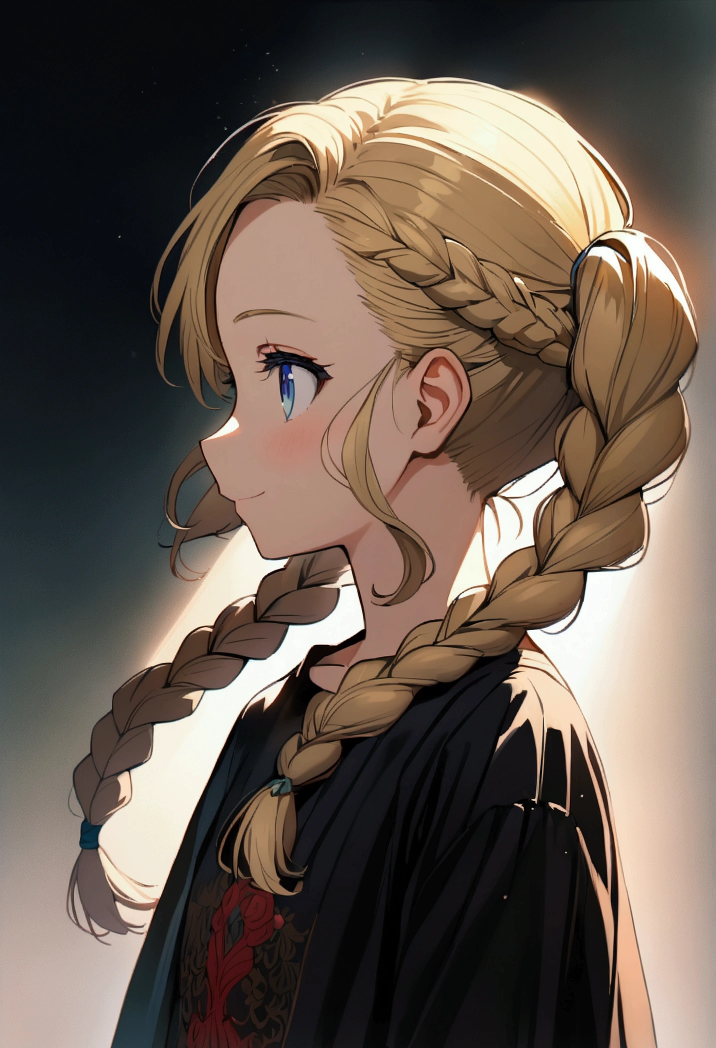 Anime girl, 8 years old (shoulder-length blond hair, beautiful braided hairstyle, beautiful hairstyle, braided pigtails, clear forehead, blue eyes), wears a black T-shirt and short jeans smile,. Profile picture