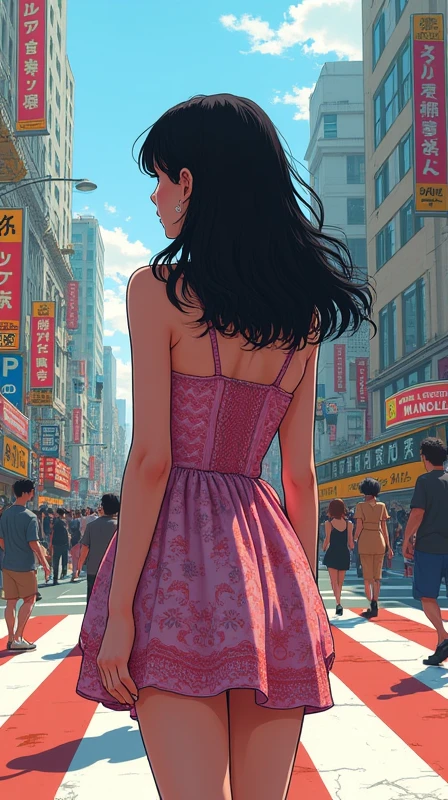 A woman standing at a scramble crossing、20th Generation、Cute Dress、Back view、Black Hair、Hair is semi-long、Daytime、American comic style